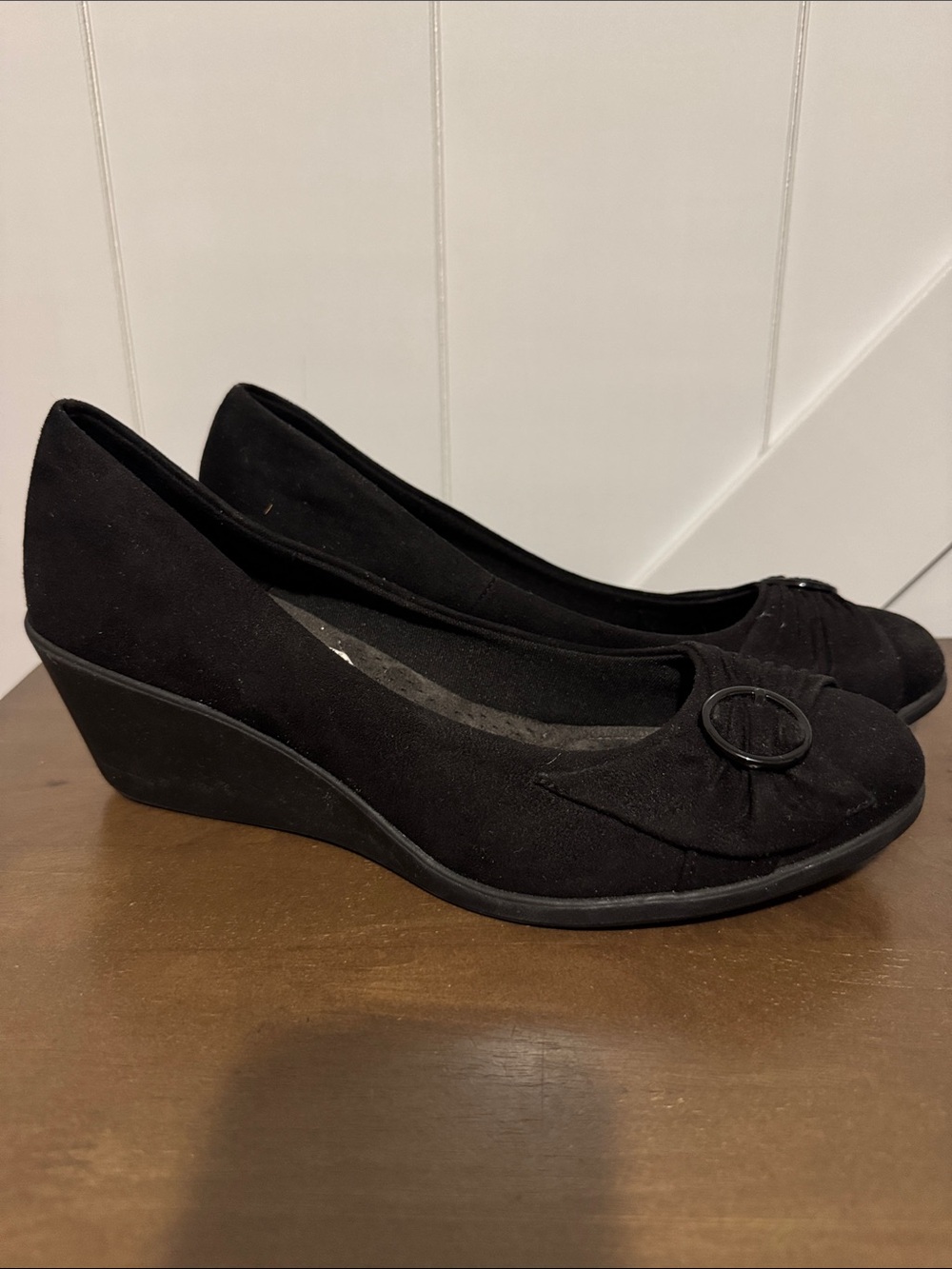 dexflex comfort Black Suede-Look Low Heel Loafers with Buckle Detail